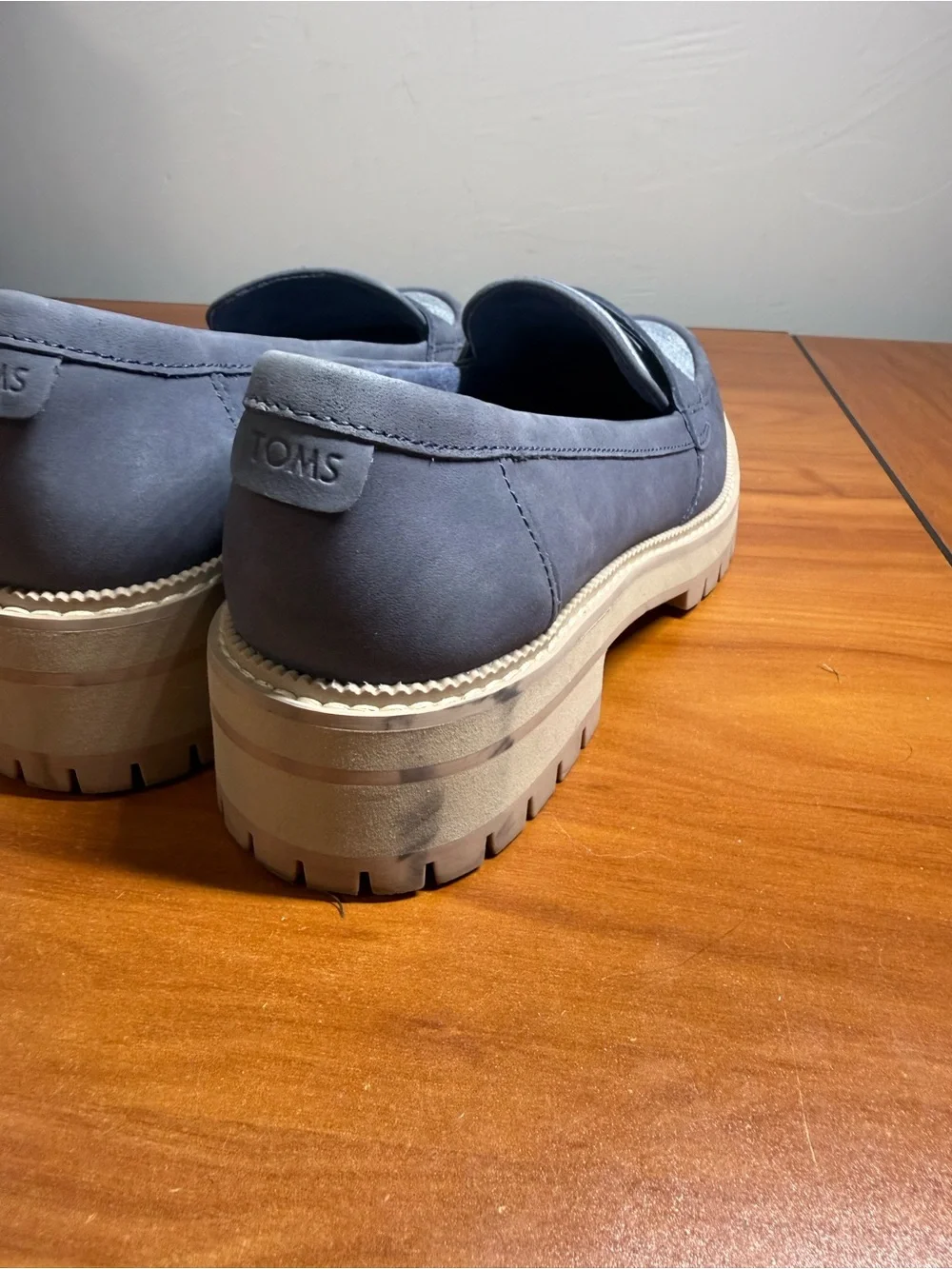 Toms Cara Platform Chunky Lug Sole Loafer Blue Denim Fabric Academia Casual W9